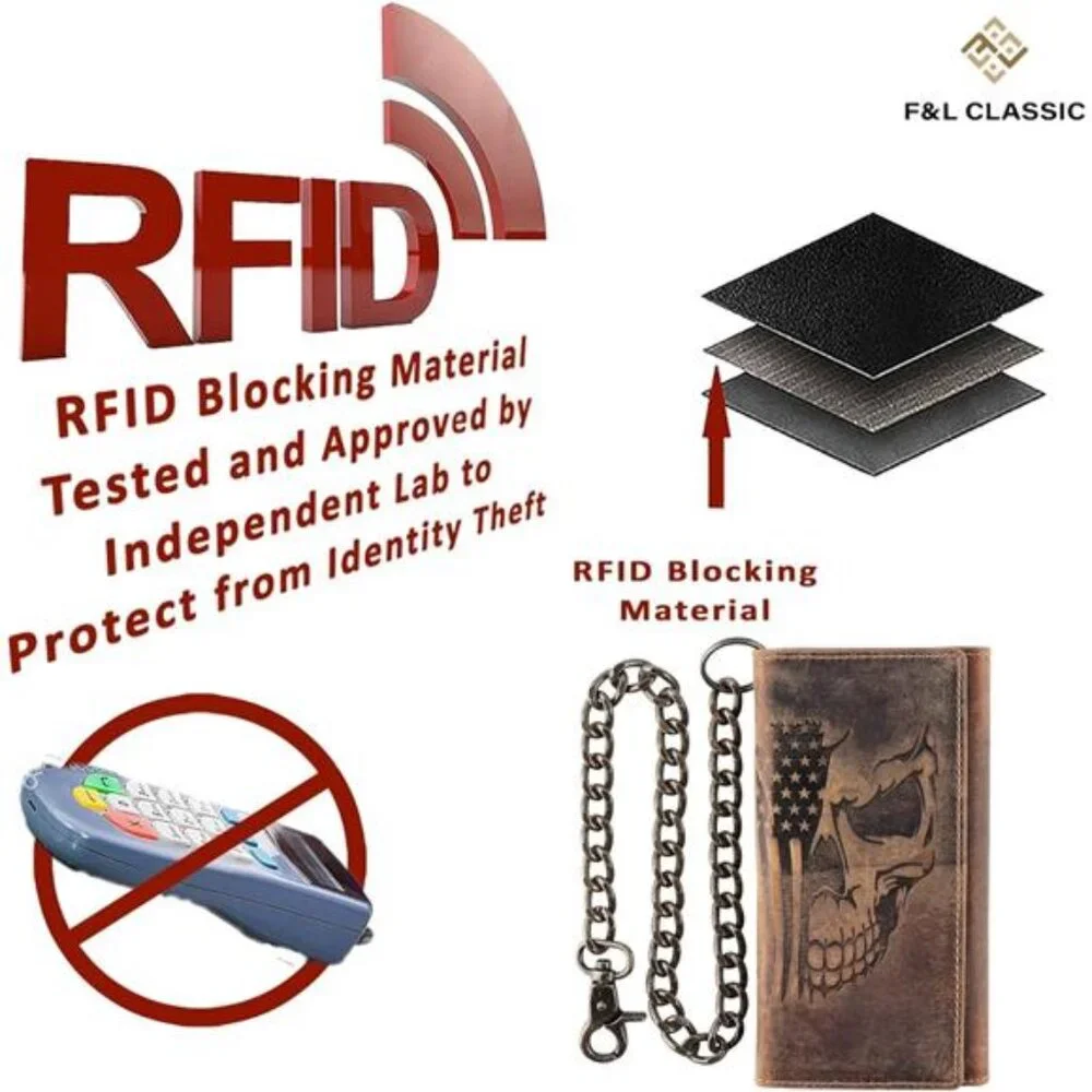 CLASSIC RFID Blocking Mens Tri-fold Long Style Cowhide Leather Steel Chain